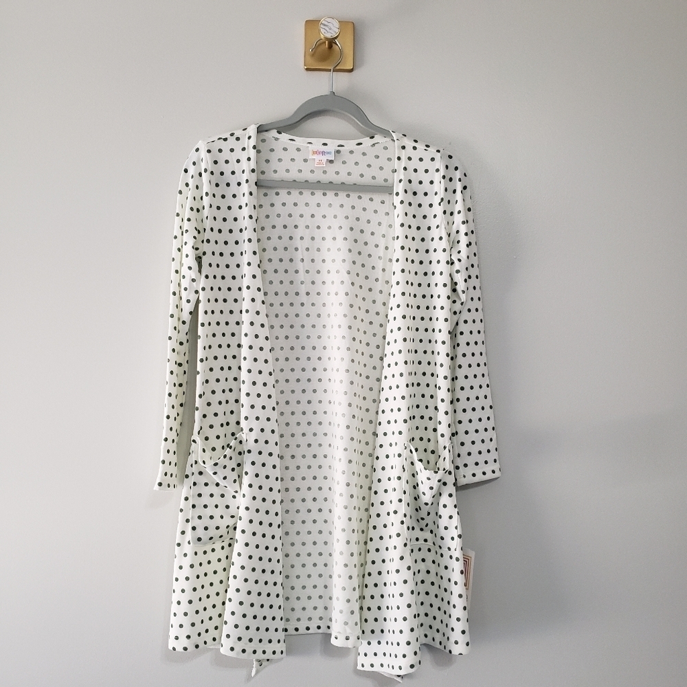 LuLaRoe NWT Caroline Polka Dot Open Front Cardigan Women XS White Green Pockets